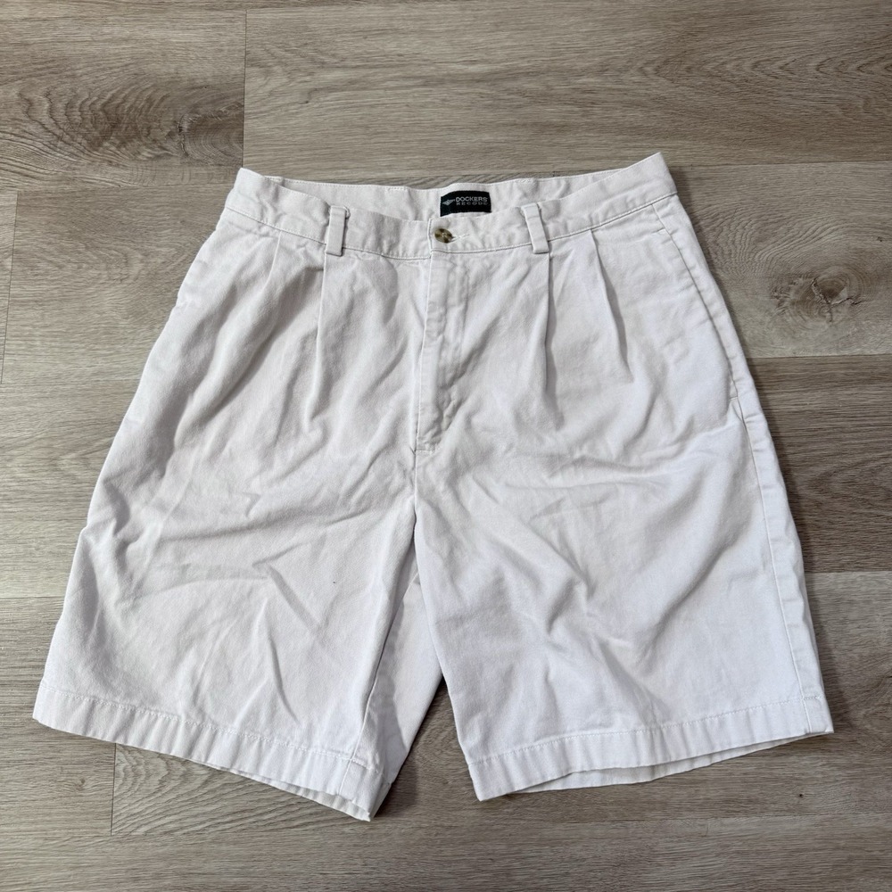 Vintage Dockers Shorts Ecru High Waist Pleated Chino Khakis 8"Men ACTUAL SIZE 30